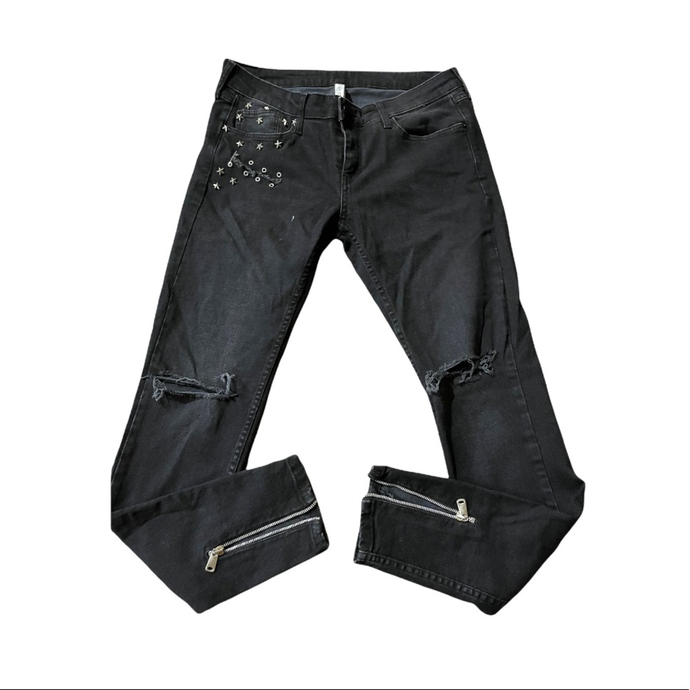 Mango Ripped knee Studded Skinny jeans black grey